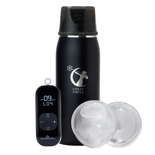 Black insulated bottle with digital controller and two clear lids on a white background