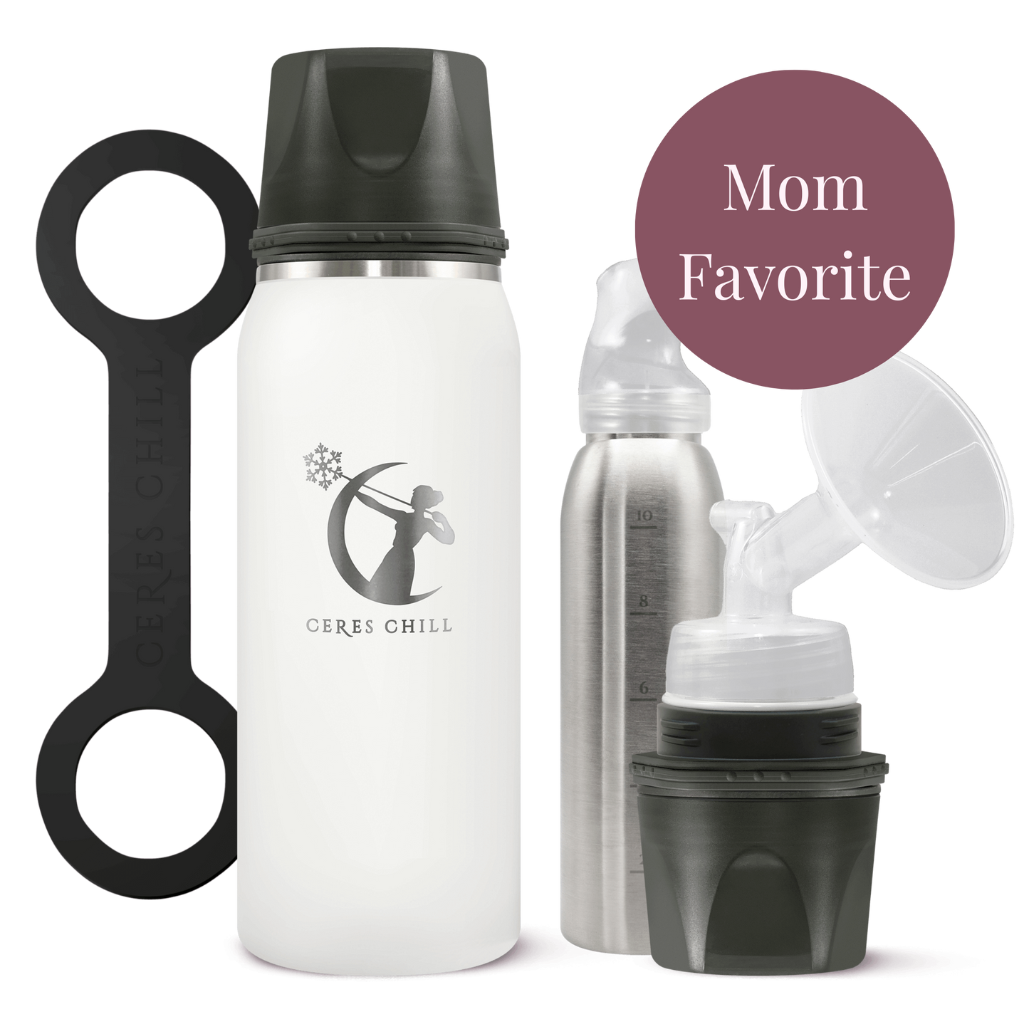 Collection of baby care products including a white bottle, gray silicon handle, and breast pump on a white background.