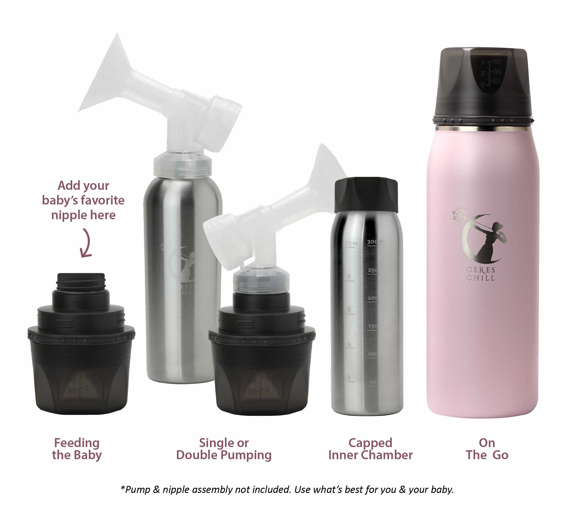 OG insulated Ceres Chill insulated bottle in pink with black cap, featuring small metal inner chamber and adaptors with pumping attachments and other parts of the bottle explaining uses.