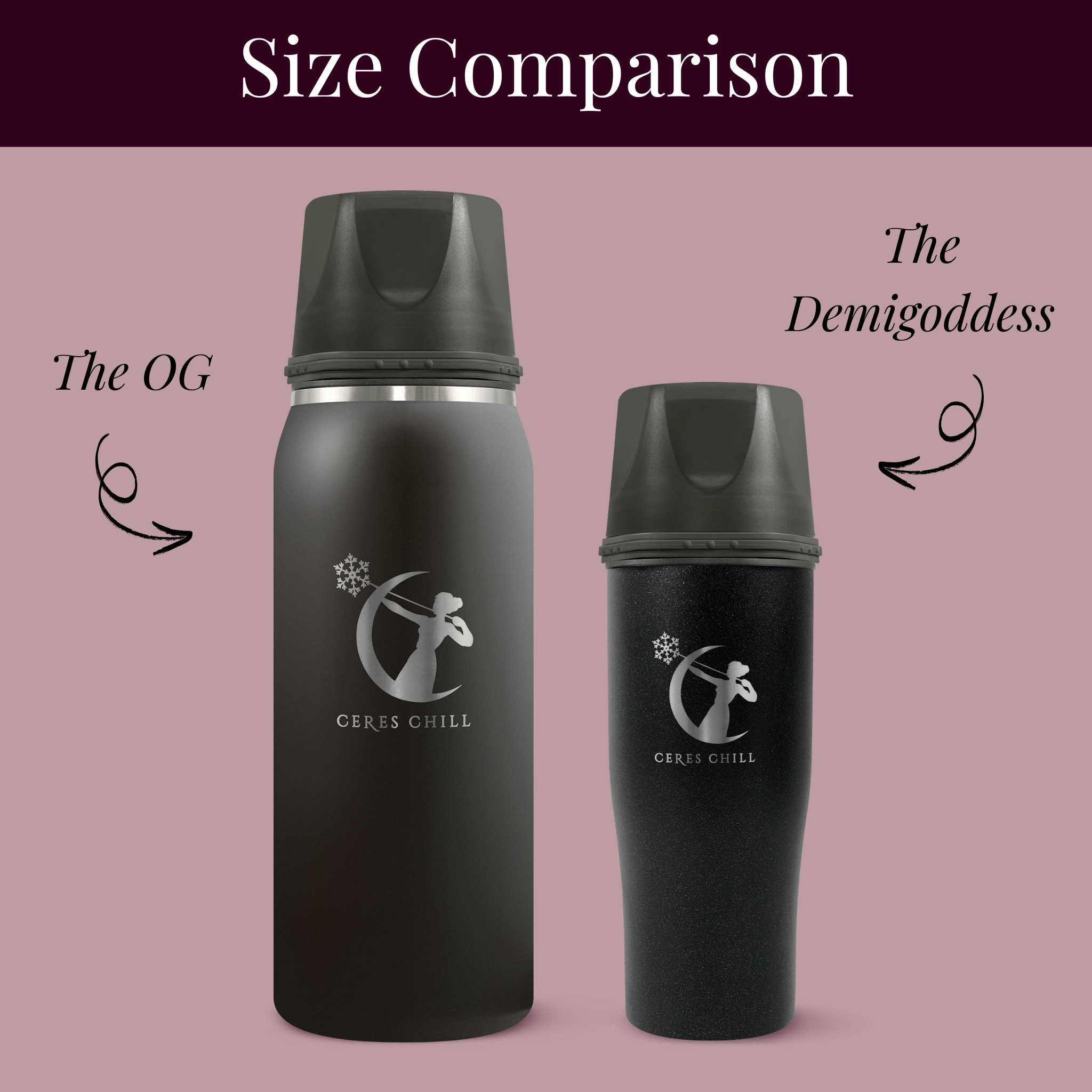 Two black thermos bottles labeled 'The OG' and 'The Demigoddess' on a pink background showcasing the difference in size.