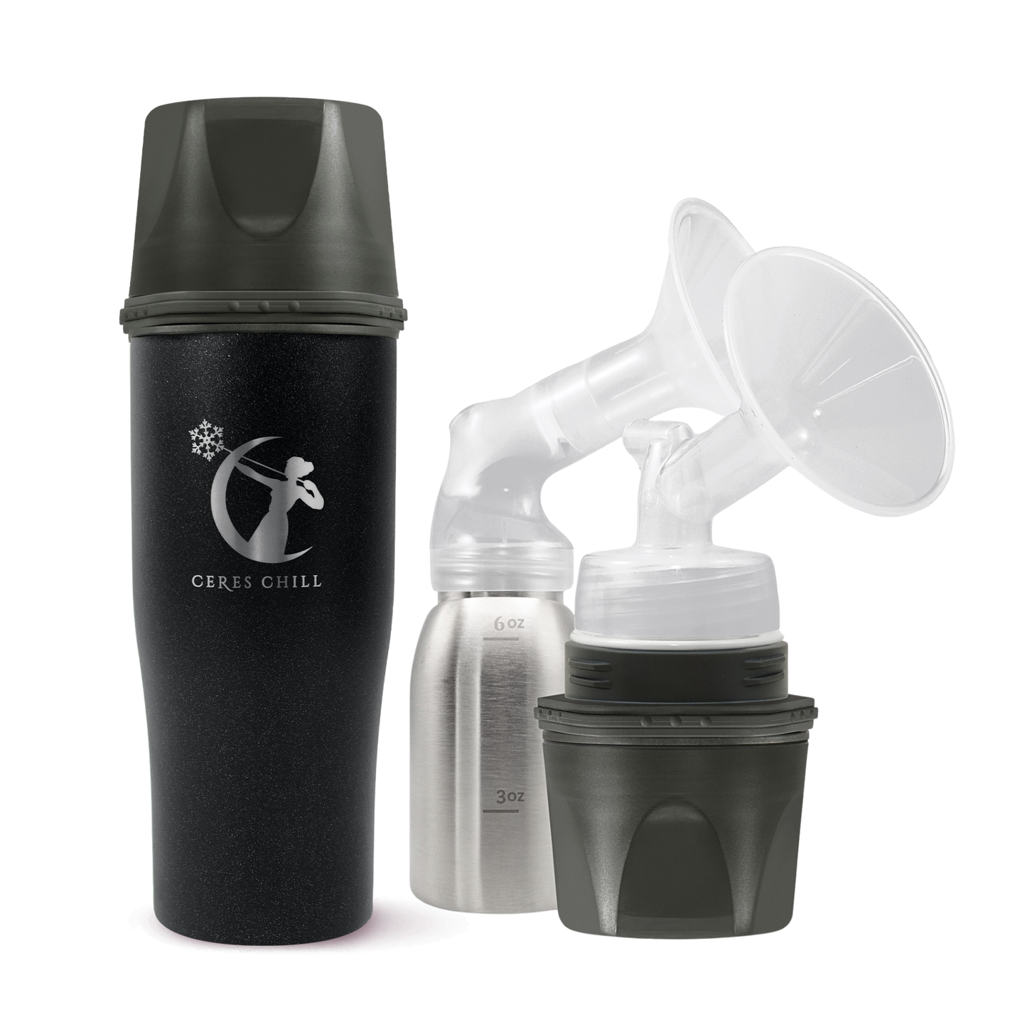 A Black Ceres Chill Demigoddess Chiller/Warmer with applications, including a insulated bottle, an inner chamber, and bottle showcasing pumping compatibility on a white background.
