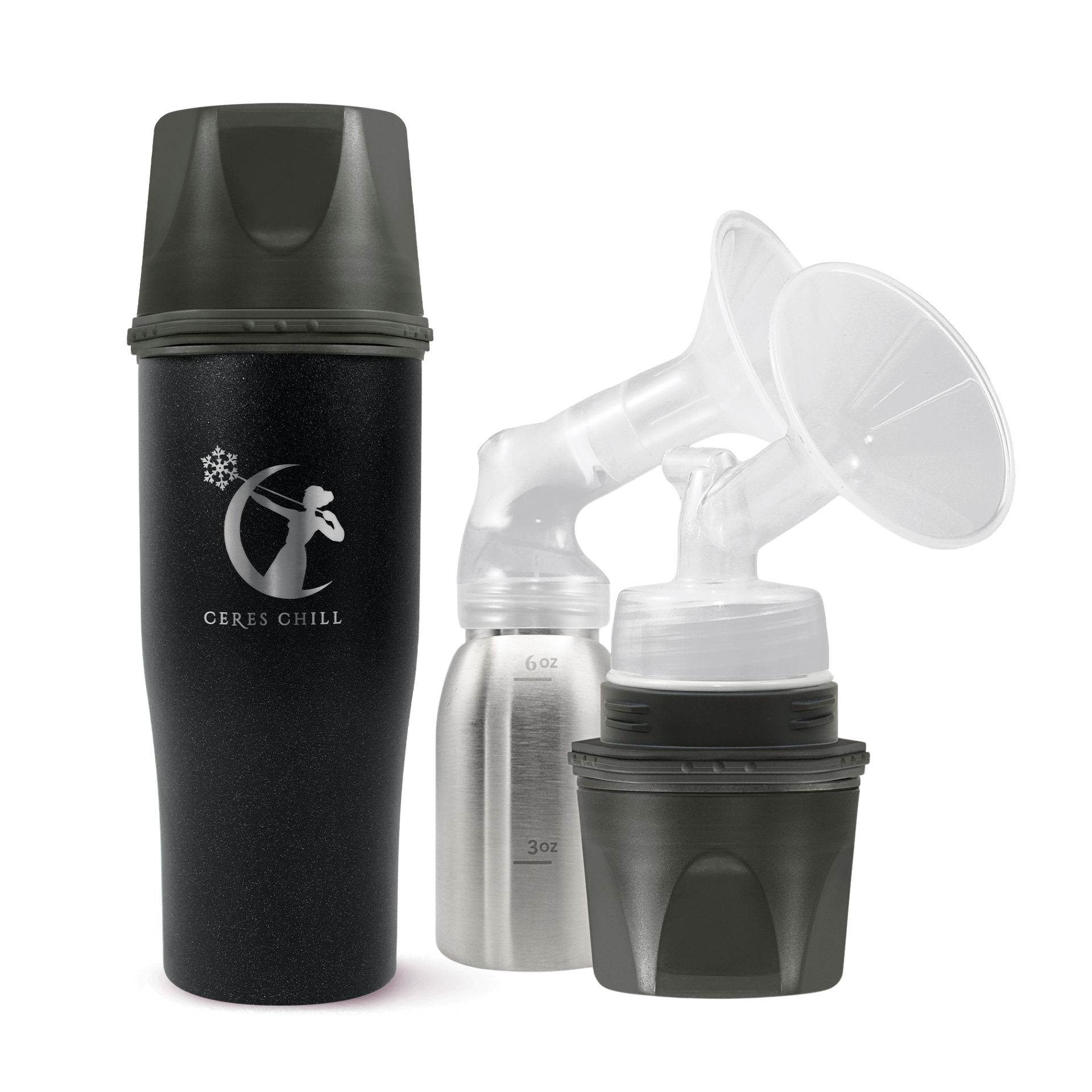 A Black Ceres Chill Demigoddess Chiller/Warmer with applications, including a insulated bottle, an inner chamber, and bottle showcasing pumping compatibility on a white background.