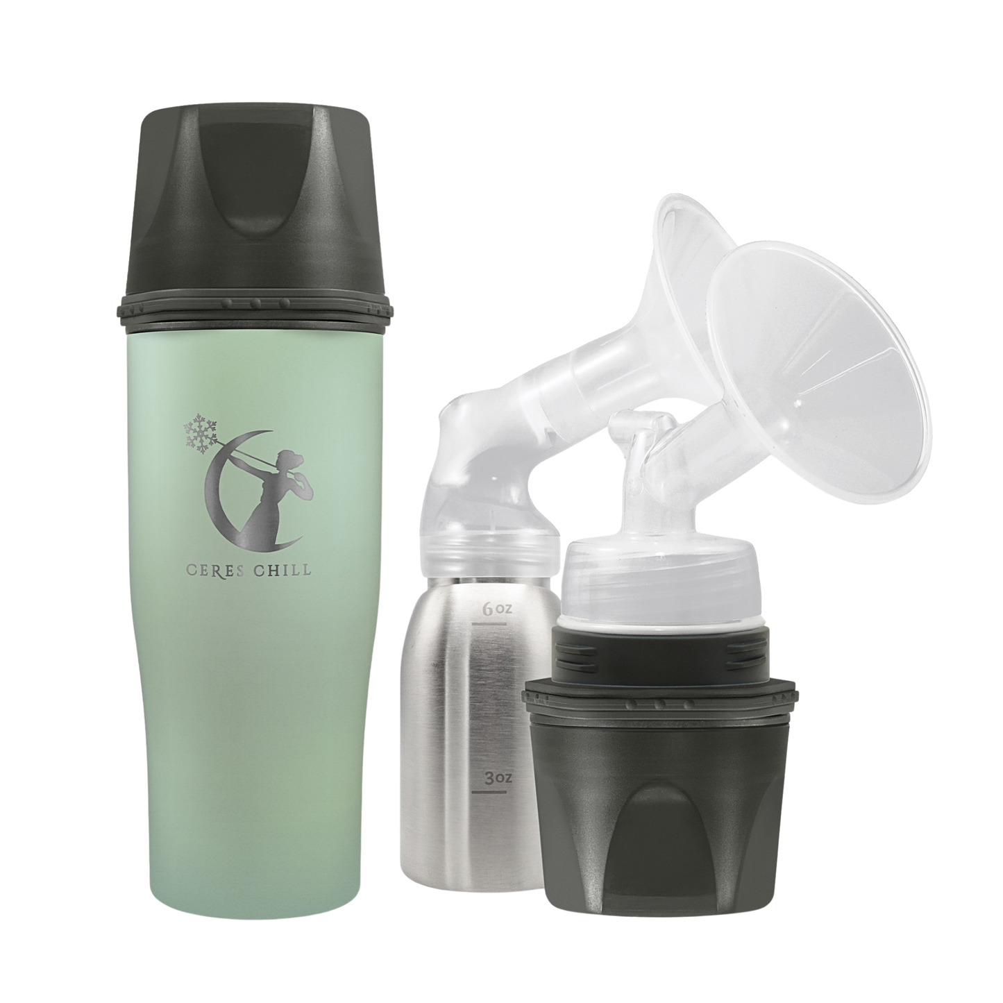 A Green Ceres Chill Demigoddess Chiller/Warmer with applications, including a insulated bottle, an inner chamber, and cup showcasing pumping compatibility on a white background.