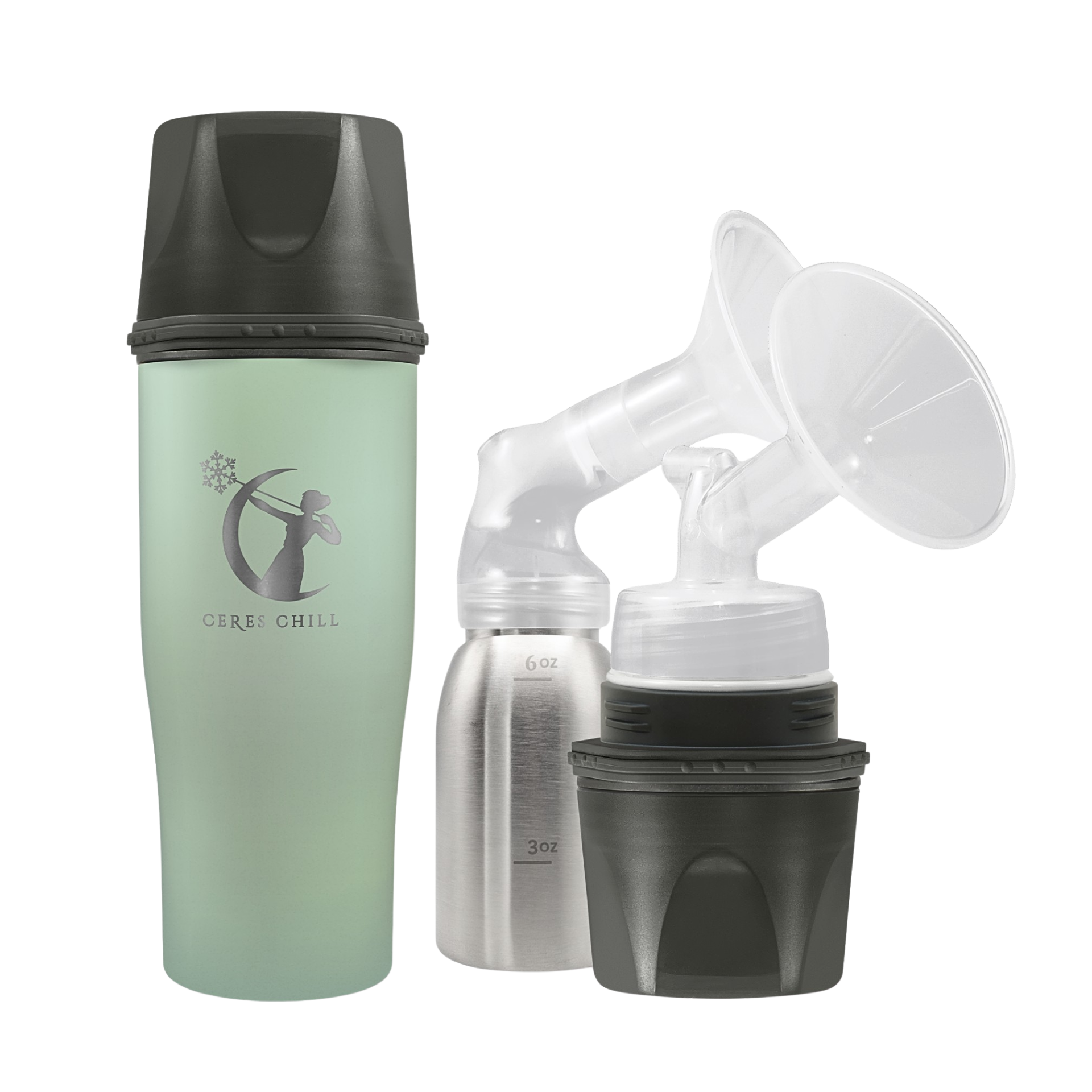 A Green Ceres Chill Demigoddess Chiller/Warmer with applications, including a insulated bottle, an inner chamber, and cup showcasing pumping compatibility on a white background.
