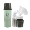A Green Ceres Chill Demigoddess Chiller/Warmer with applications, including a insulated bottle, an inner chamber, and cup showcasing pumping compatibility on a white background.