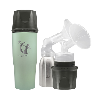 A Green Ceres Chill Demigoddess Chiller/Warmer with applications, including a insulated bottle, an inner chamber, and cup showcasing pumping compatibility on a white background.