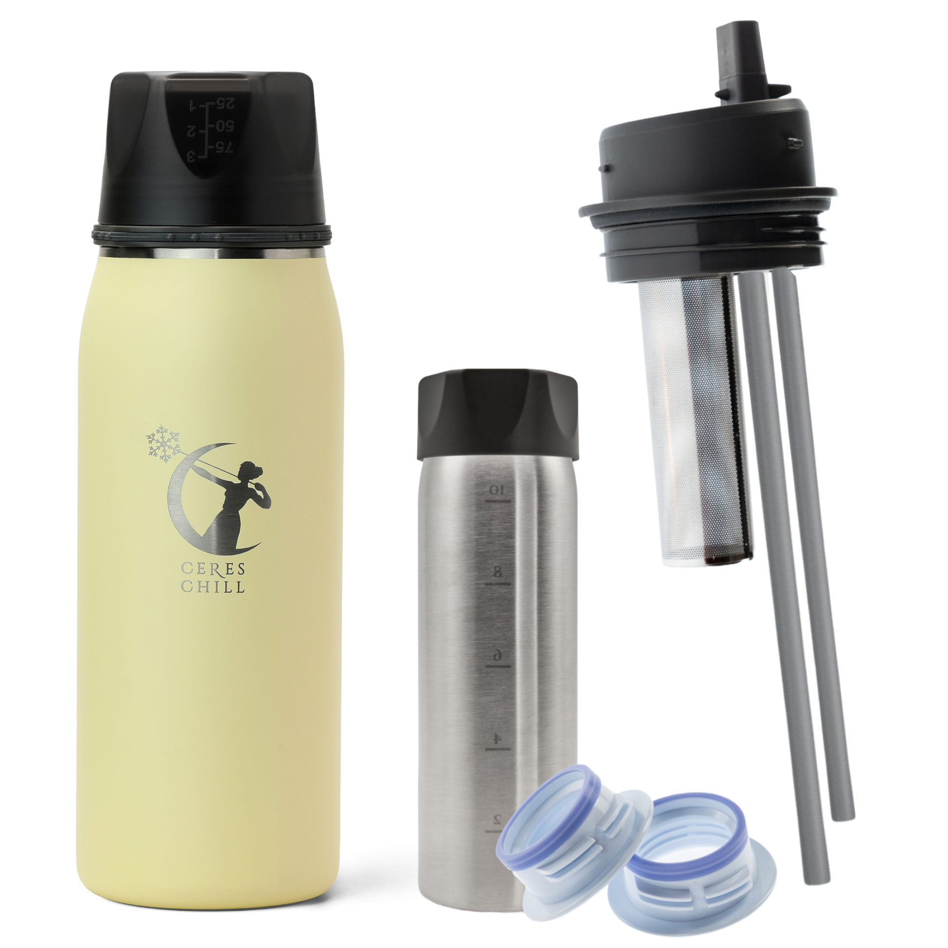 A Yellow Ceres Chill OG+ Chiller/Warmer with applications, including a insulated bottle, an inner chamber, and tea infuser straw top, showcasing multifunctionality on a white background.
