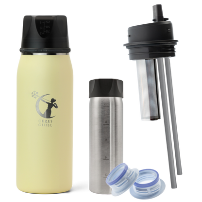 A Yellow Ceres Chill OG+ Chiller/Warmer with applications, including a insulated bottle, an inner chamber, and tea infuser straw top, showcasing multifunctionality on a white background.