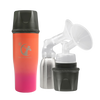 A Dusk Ceres Chill Demigoddess Chiller/Warmer with applications, including a insulated bottle, an inner chamber, and cup showcasing pumping compatibility on a white background.