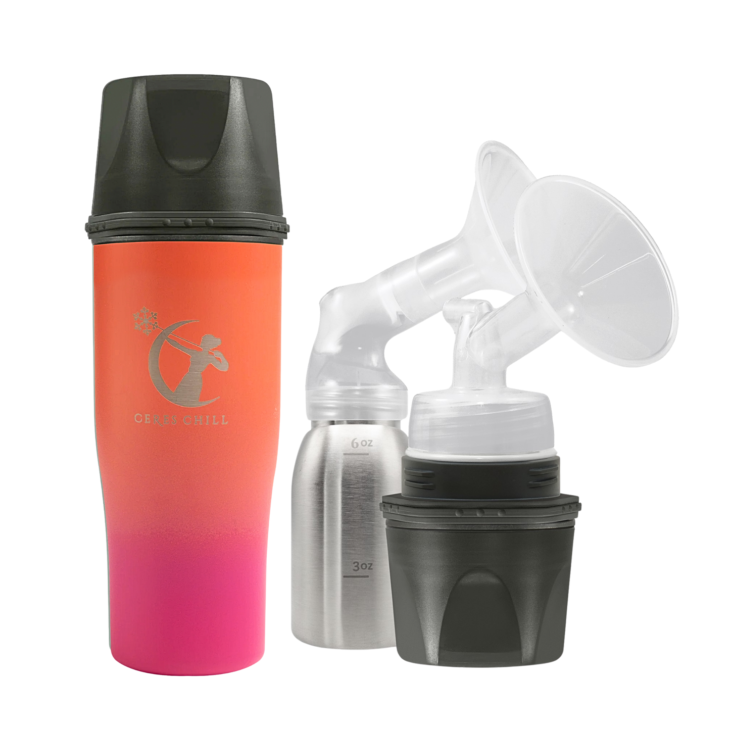 A Dusk Ceres Chill Demigoddess Chiller/Warmer with applications, including a insulated bottle, an inner chamber, and cup showcasing pumping compatibility on a white background.