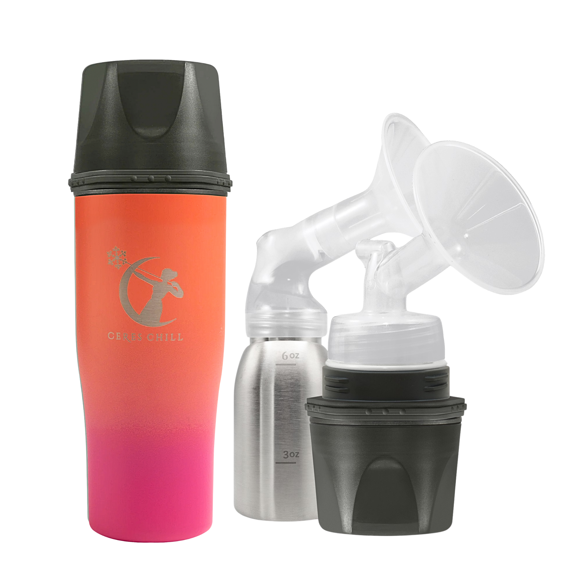 A Dusk Ceres Chill Demigoddess Chiller/Warmer with applications, including a insulated bottle, an inner chamber, and cup showcasing pumping compatibility on a white background.
