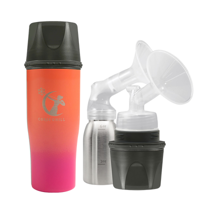 A Dusk Ceres Chill Demigoddess Chiller/Warmer with applications, including a insulated bottle, an inner chamber, and cup showcasing pumping compatibility on a white background.