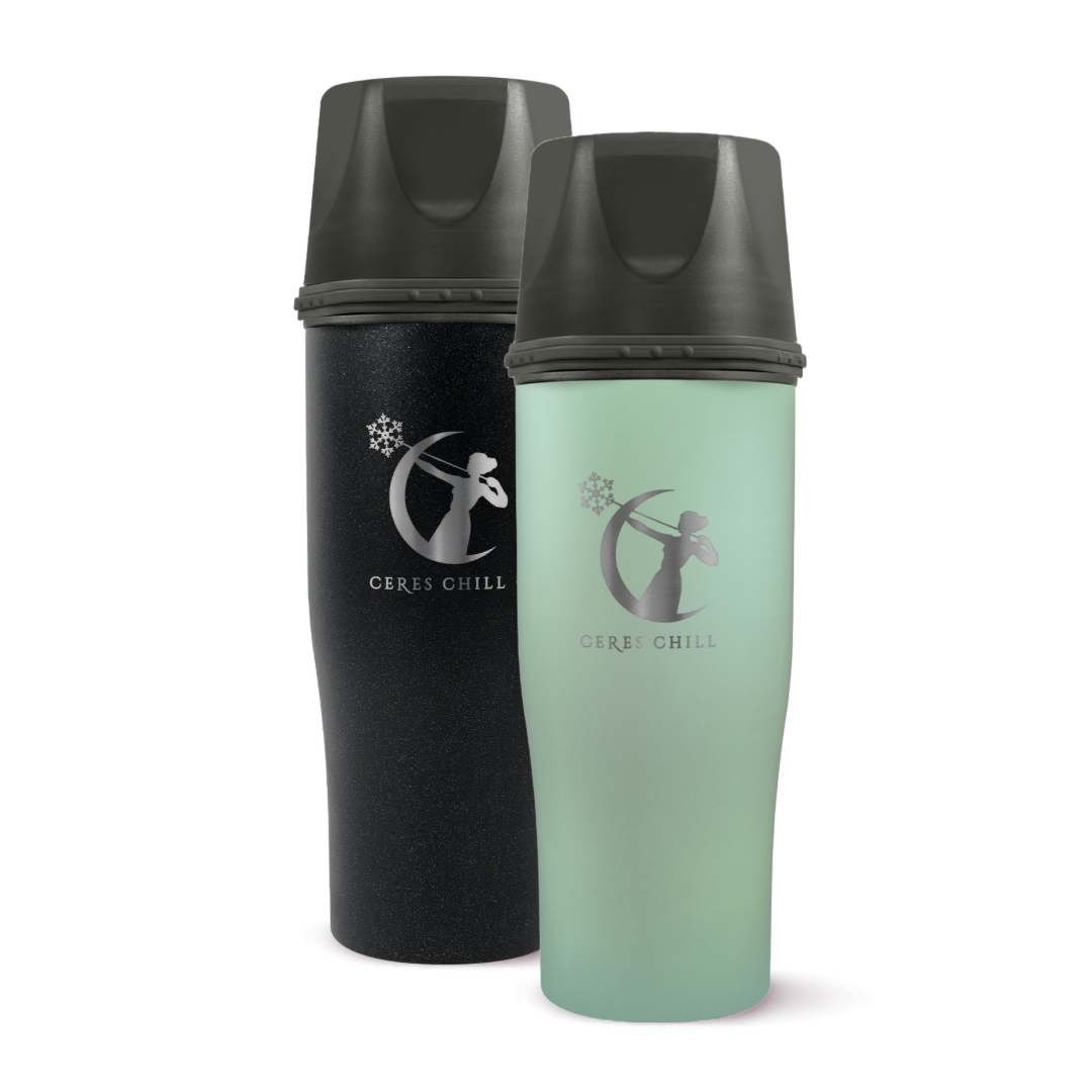 Demigoddess Duo, breast milk storage containers and breast milk storage cooler in starry night and zen green