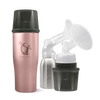 A Rose Gold Ceres Chill Demigoddess Chiller/Warmer with applications, including a insulated bottle, an inner chamber, and cup showcasing pumping compatibility on a white background.