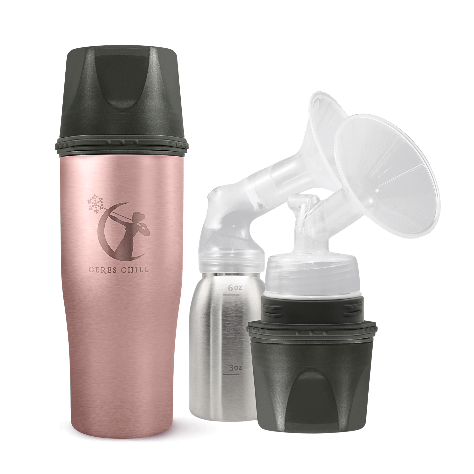 A Rose Gold Ceres Chill Demigoddess Chiller/Warmer with applications, including a insulated bottle, an inner chamber, and cup showcasing pumping compatibility on a white background.