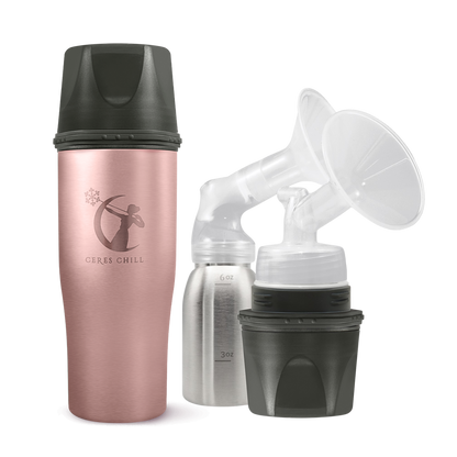 A Rose Gold Ceres Chill Demigoddess Chiller/Warmer with applications, including a insulated bottle, an inner chamber, and cup showcasing pumping compatibility on a white background.