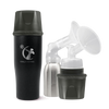 A Black Ceres Chill Demigoddess Chiller/Warmer with applications, including a insulated bottle, an inner chamber, and bottle showcasing pumping compatibility on a white background.