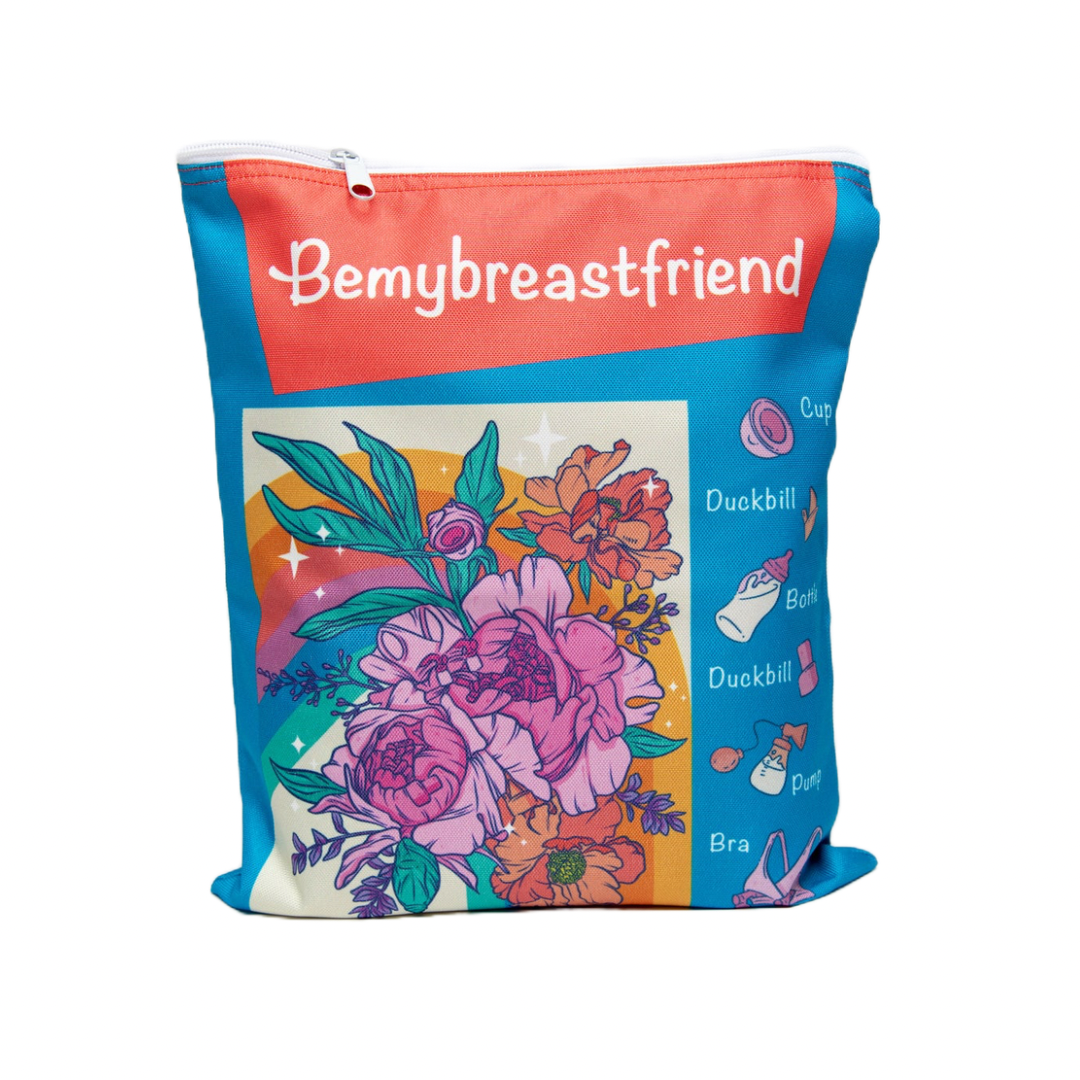 A multicolored accessory pouch with a floral pattern and text that reads 'Bemybreastfriend'. The pouch is presented upright with a white background. 