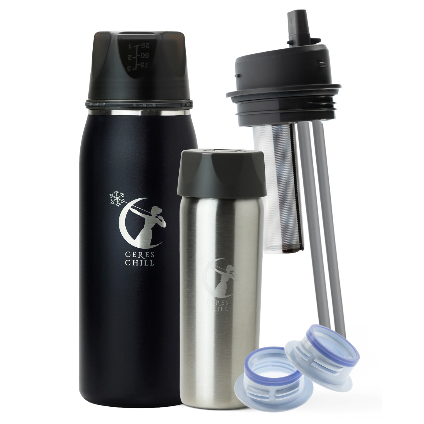 Collection of items including a Black OG+ breast milk insulated storage chiller, inner chamber, tea infuser, and breast pump attachments on a white background.