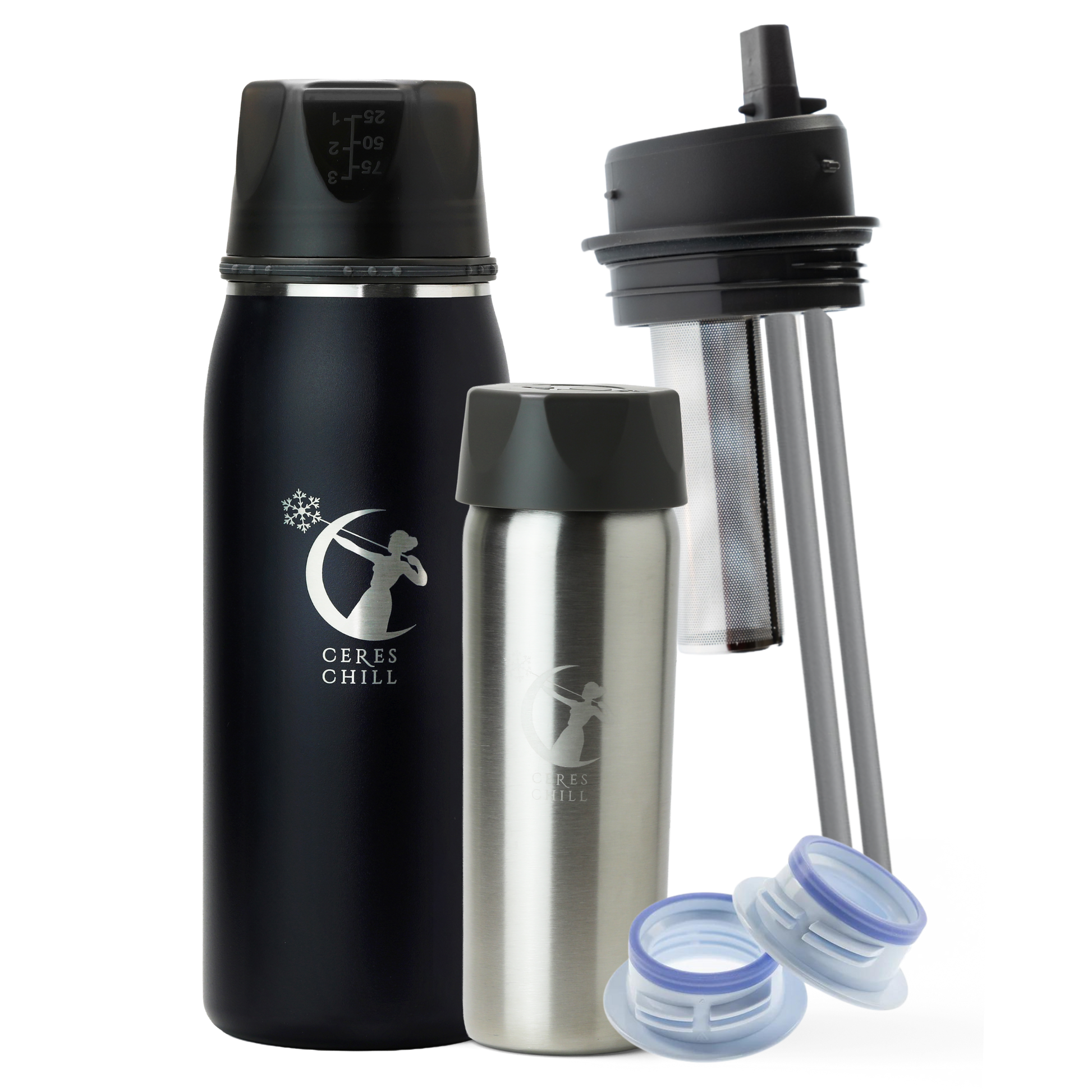 Collection of items including a Black OG+ breast milk insulated storage chiller, inner chamber, tea infuser, and breast pump attachments on a white background.