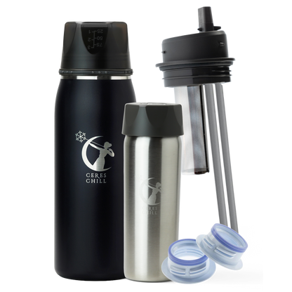 Collection of items including a Black OG+ breast milk insulated storage chiller, inner chamber, tea infuser, and breast pump attachments on a white background.