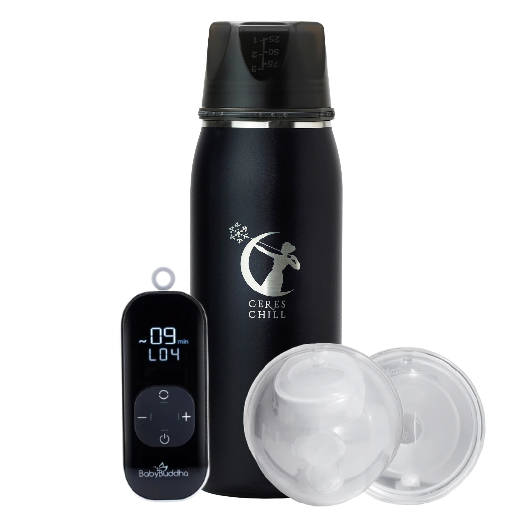 Black insulated bottle with digital controller and two clear lids on a white background