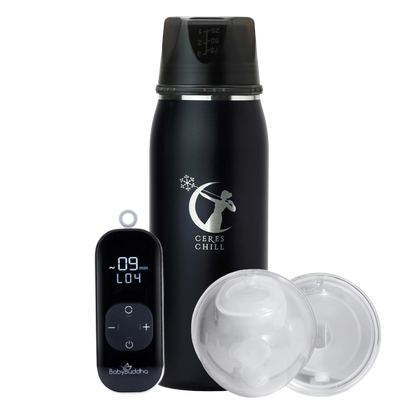 Black insulated bottle with digital controller and two clear lids on a white background