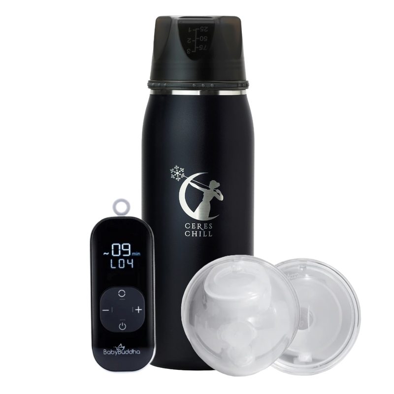 Black insulated bottle with digital controller and two clear lids on a white background