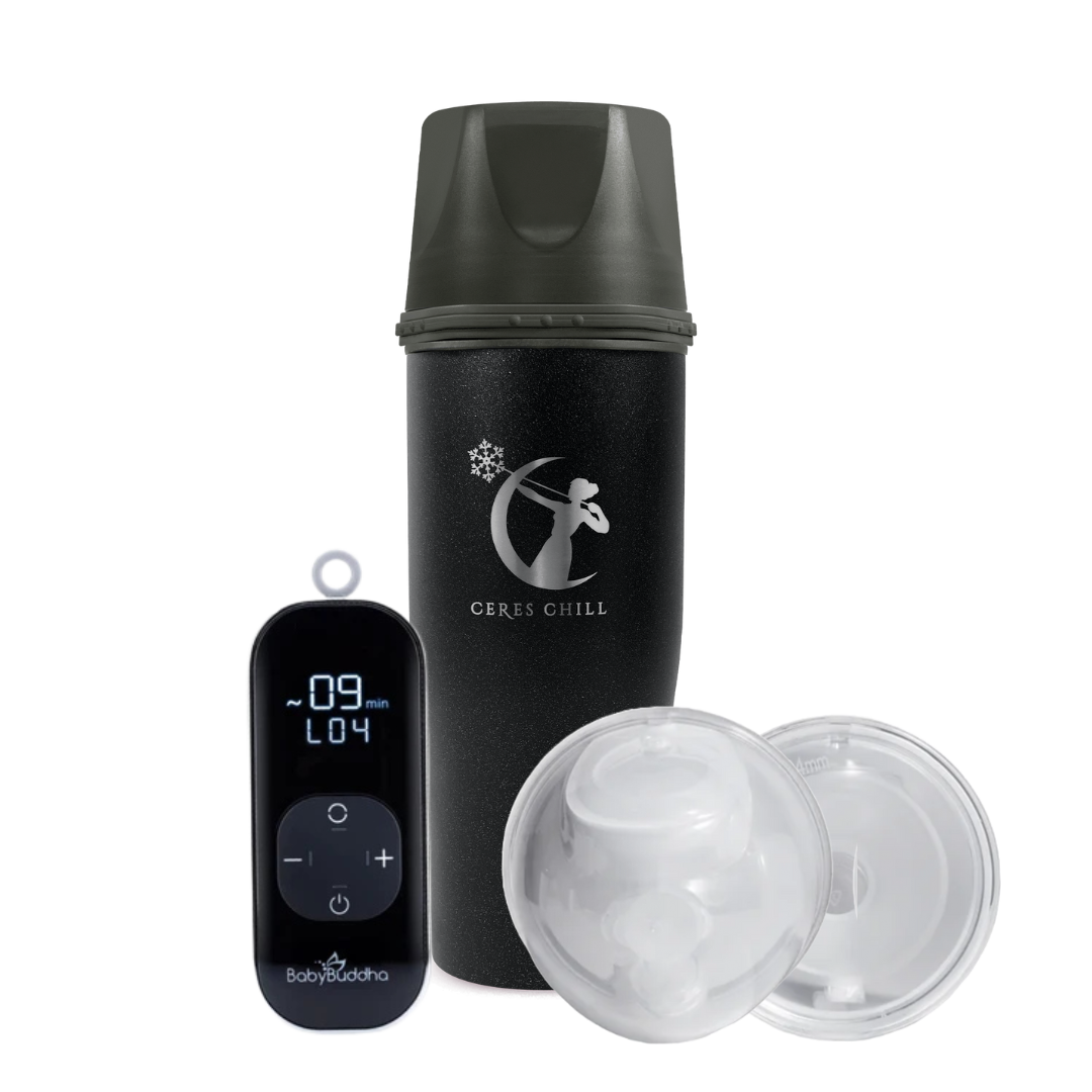 Black Ceres Chill insulated container with digital Baby Buddha and two clear lids on a white background