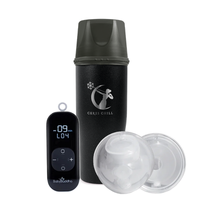 Black Ceres Chill insulated container with digital Baby Buddha and two clear lids on a white background