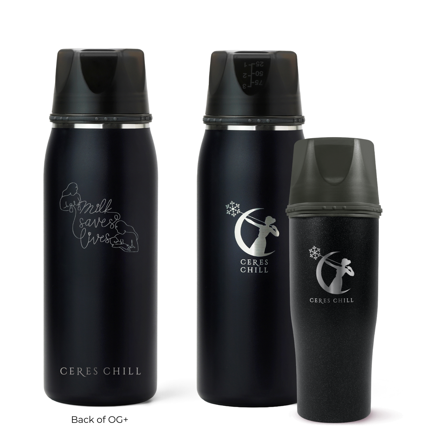 Three Ceres Chill insulated breast milk storage bottles in black on a white background.