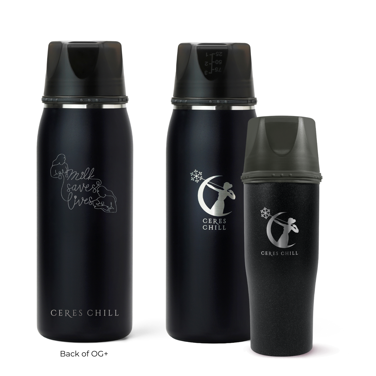 Three Ceres Chill insulated breast milk storage bottles in black on a white background.