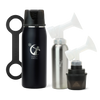 Collection of items including a black breast milk insulated storage chiller, inner chamber, cup, and breast pump attachments on a white background