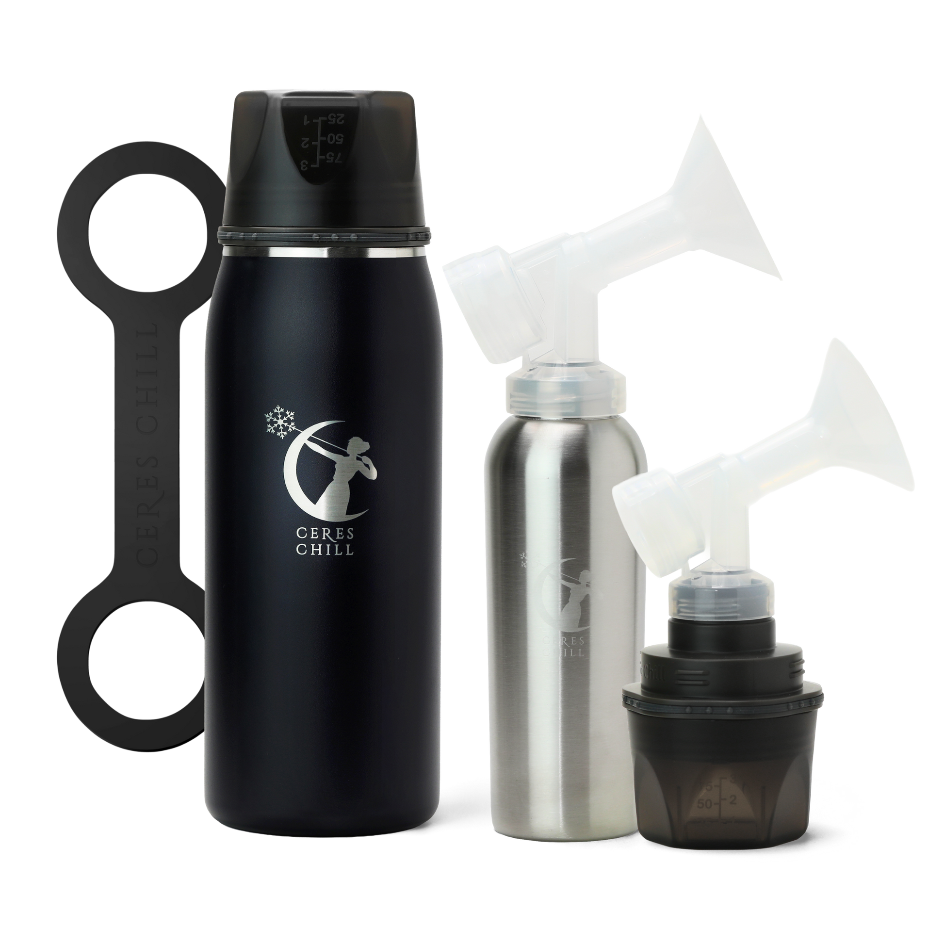 Collection of items including a black breast milk insulated storage chiller, inner chamber, cup, and breast pump attachments on a white background