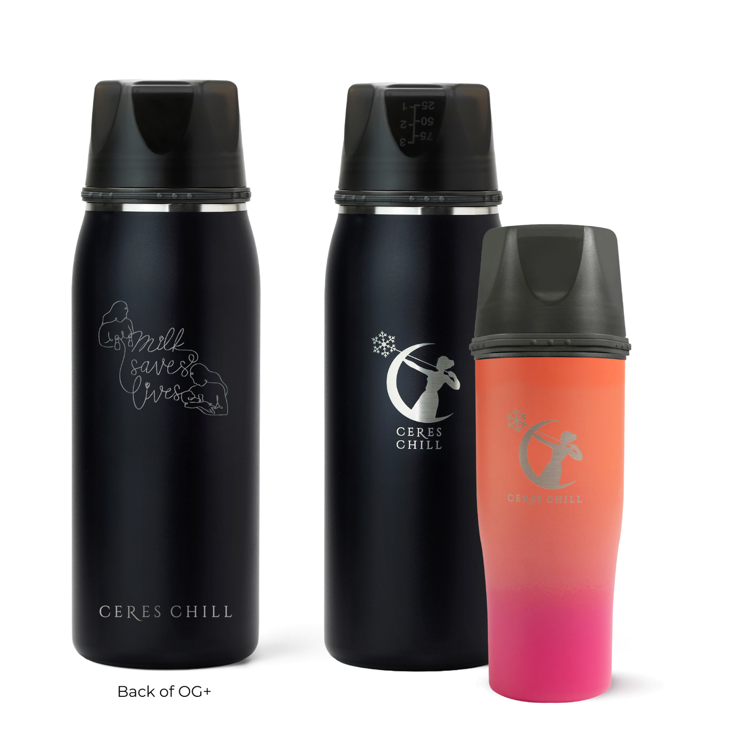 Three Ceres Chill insulated breast milk storage bottles in black and dusk on a white background.