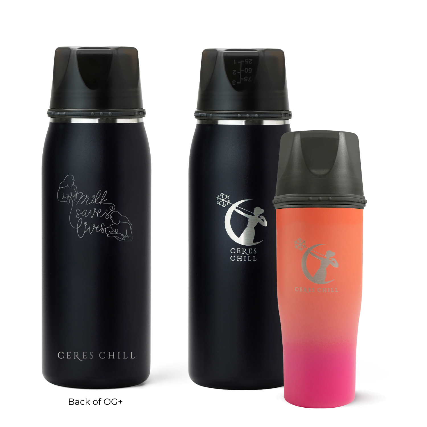 Three Ceres Chill insulated breast milk storage bottles in black and dusk on a white background.