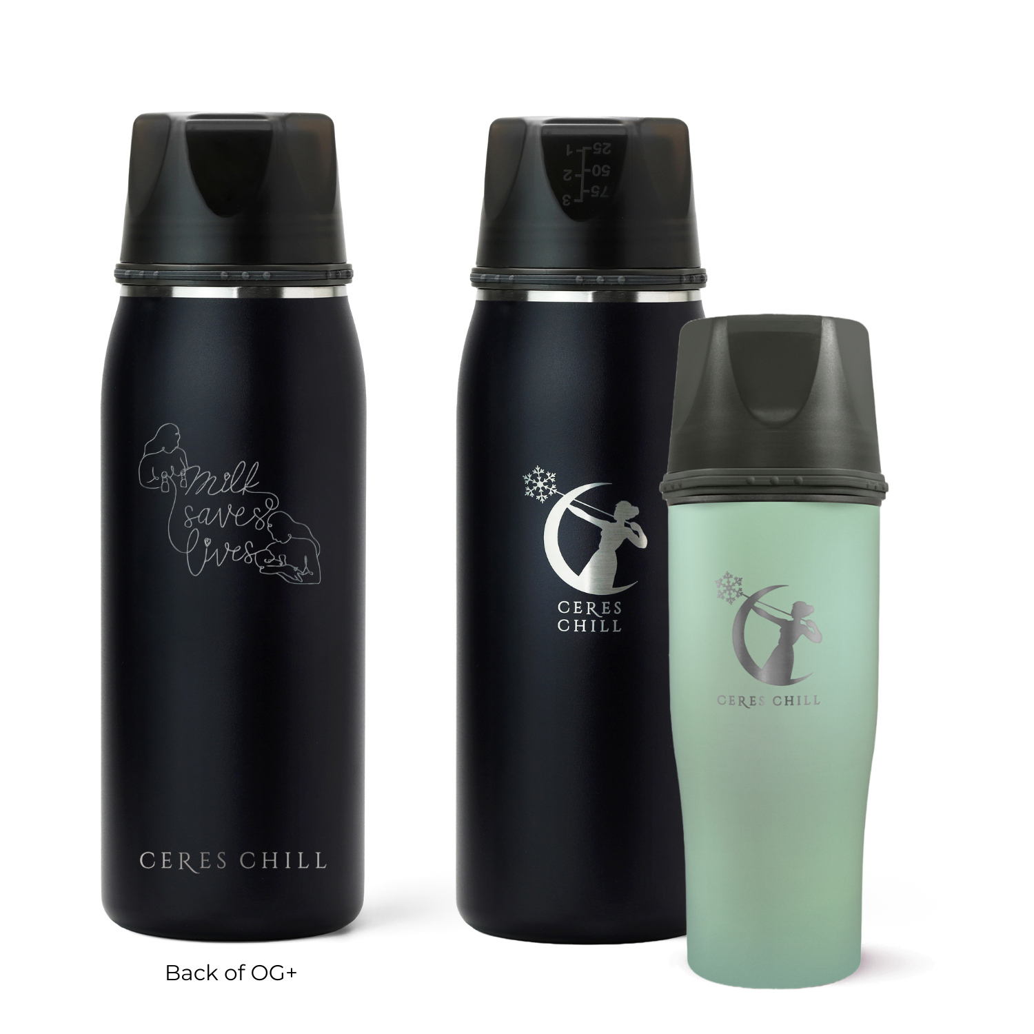 Three Ceres Chill insulated breast milk storage bottles in green and black on a white background.