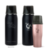 Three Ceres Chill insulated breast milk storage bottles in black and rose gold on a white background.