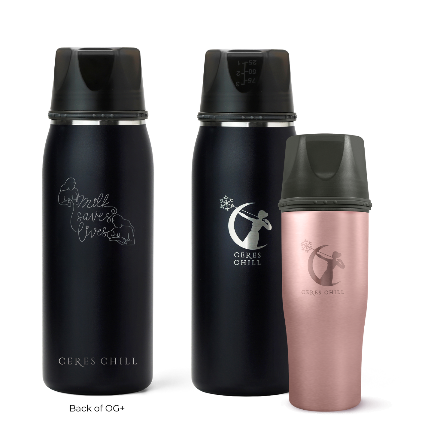 Three Ceres Chill insulated breast milk storage bottles in black and rose gold on a white background.