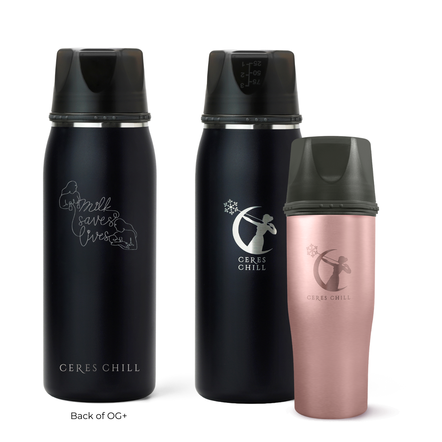 Three Ceres Chill insulated breast milk storage bottles in black and rose gold on a white background.
