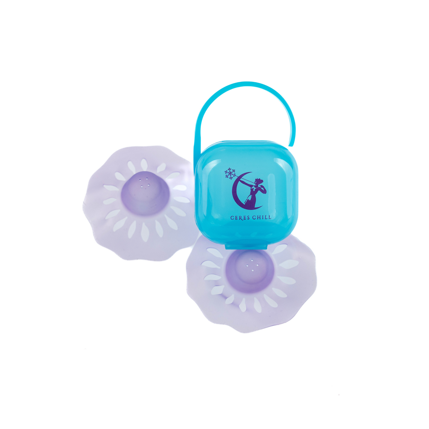 Blue Ceres Chill Case with two purpele nipple shields. 