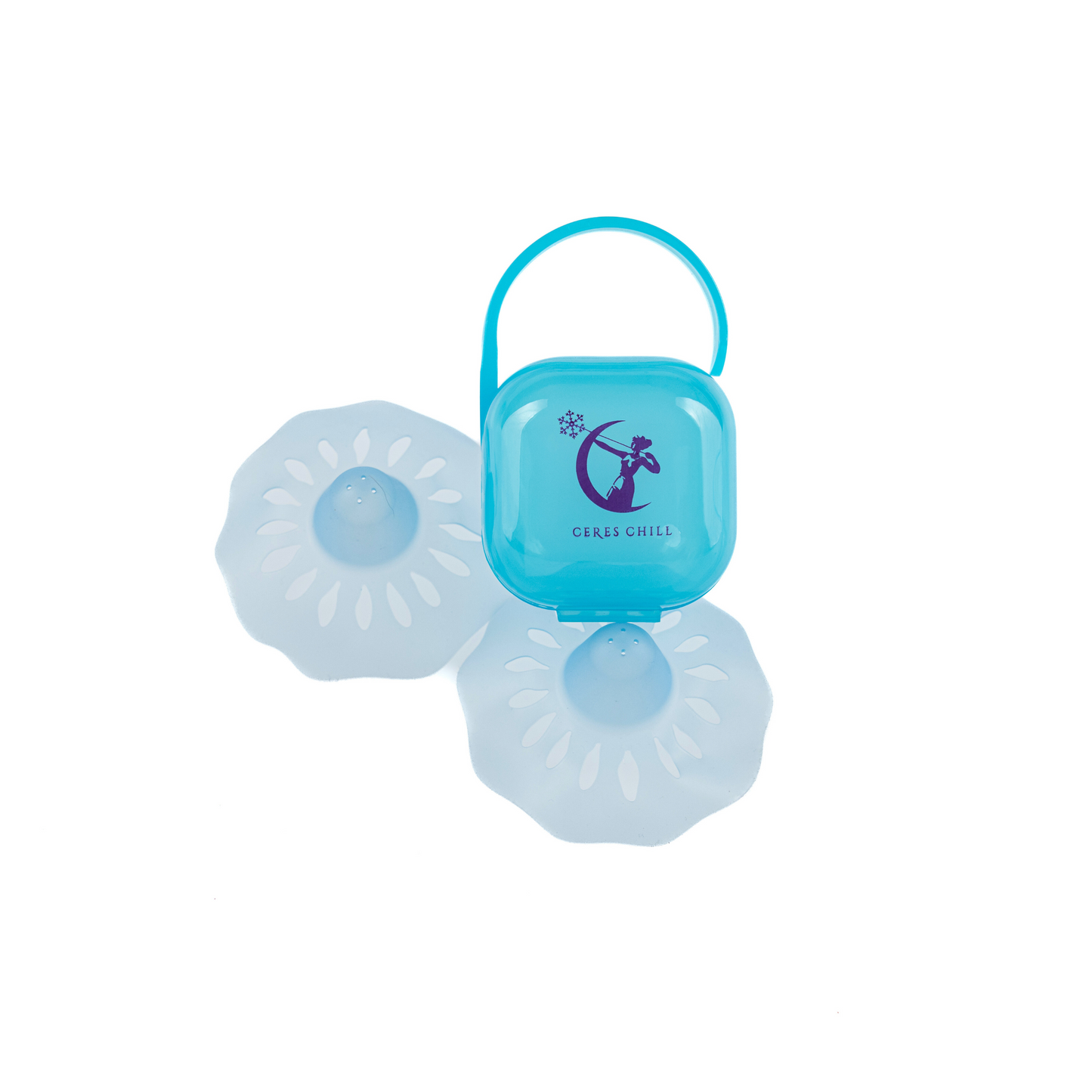 A blue Ceres Chill case and two nipple shield maidens on a white background. 