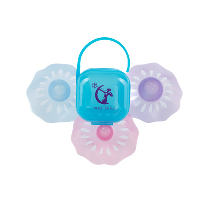 Blue, Purple, and Pink Nipple Shield Protectors with a Ceres Chill Case on a white background. 
