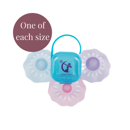 A blue Ceres Chill case with three nipple shields, one of each size. 