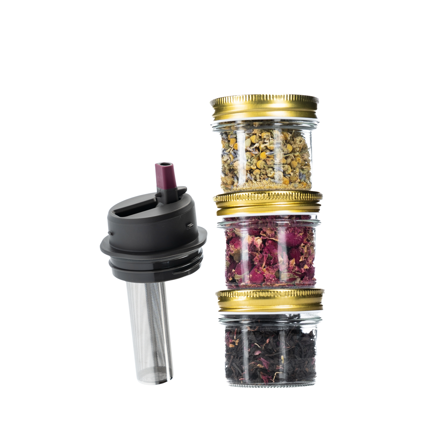 Stack of small jars with gold lids containing various teas, next to a black topped Ceres Chill Tea Infuser on a white background.