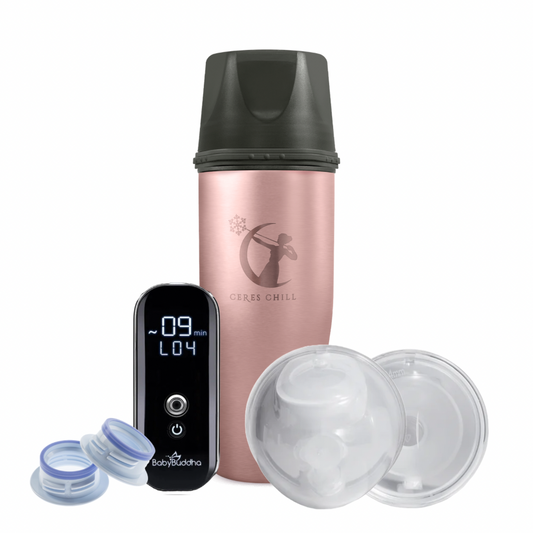 The image shows a set of baby care products including a Ceres Chill breastmilk chiller, a baby buddah, and silicone hands-free collection cups.
