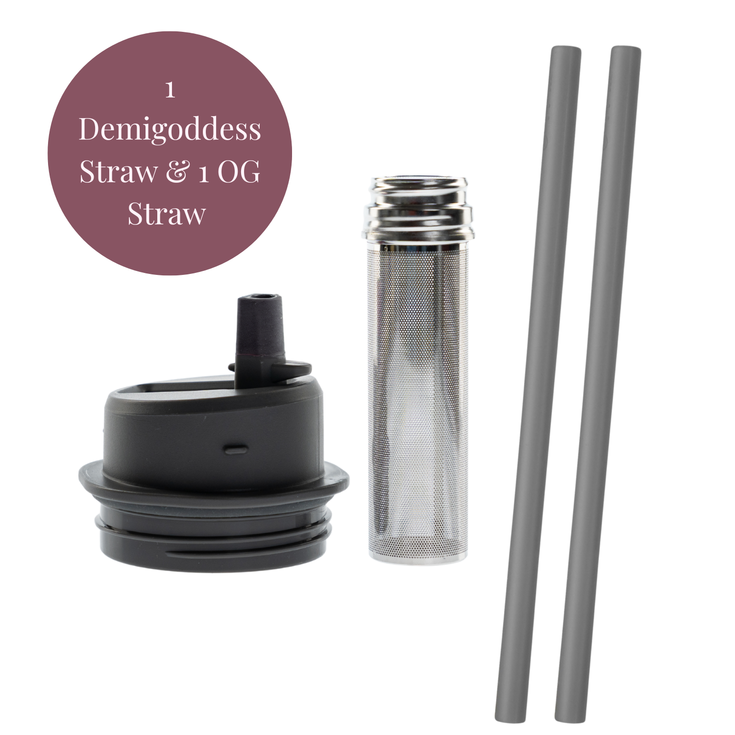 Straw and tea filter set with 'Demigoddess' and 'OG' labels on a white background
