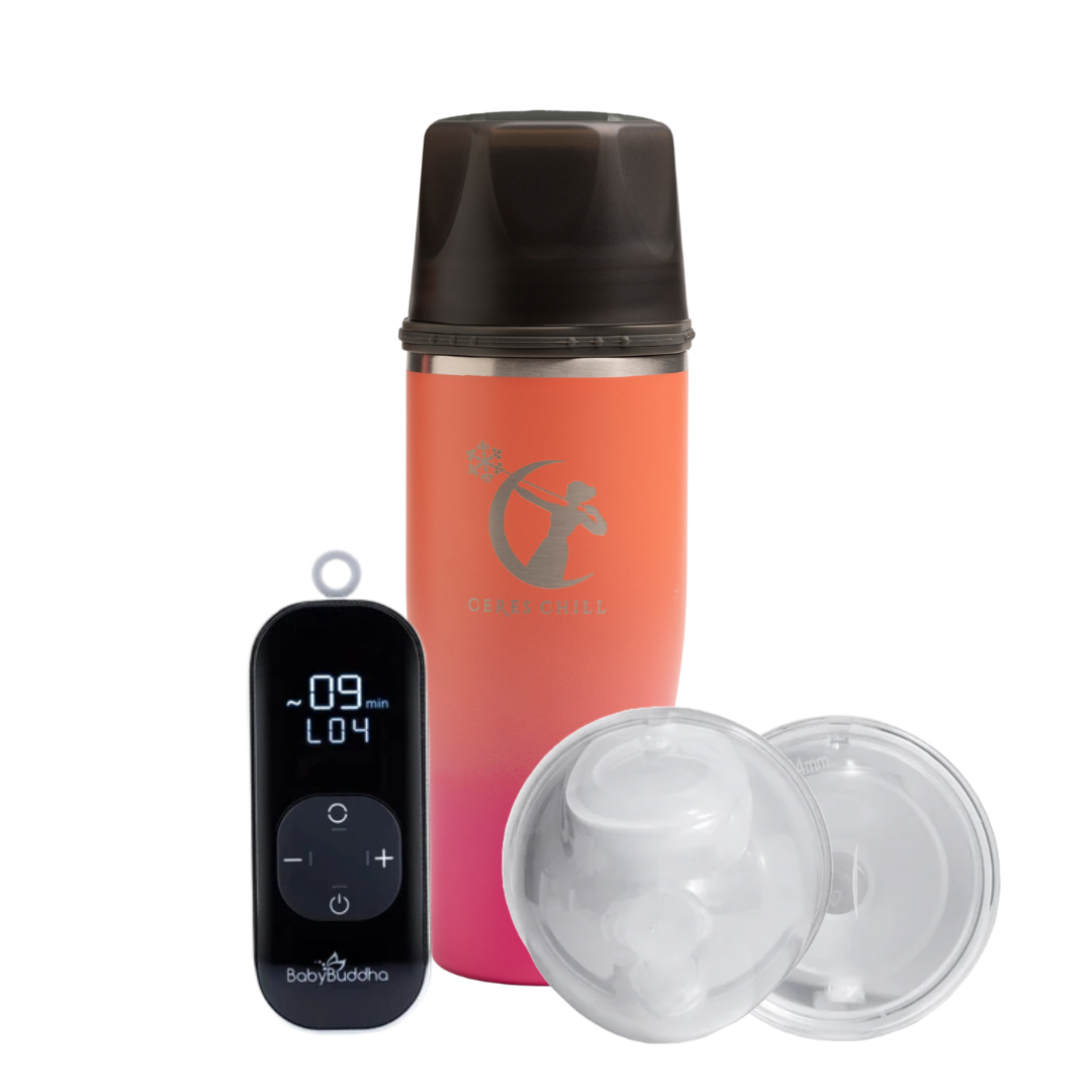 Orange chiller with black lid and digital display on a white background