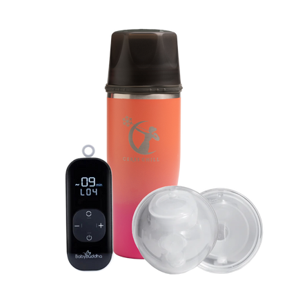 Orange chiller with black lid and digital display on a white background