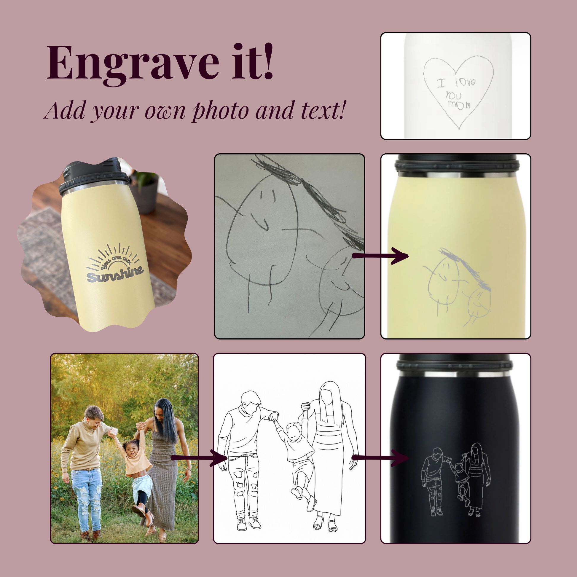 Promotional graphic for engraving services with a tumbler, family photo, and engraved design.